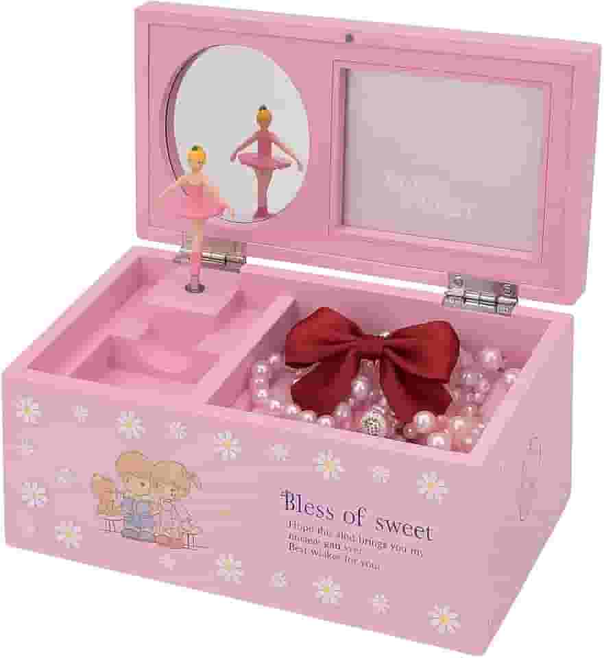 Caixa de Música com Bailarina Porta Joia Infantil Rosa com Espelho Presente para Menina Com Manivela