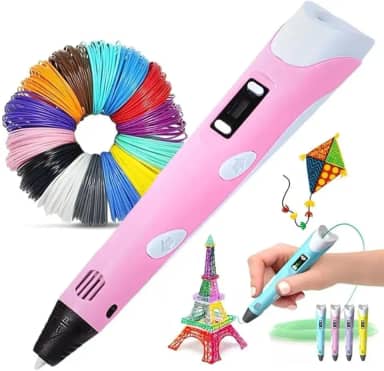 Caneta 3D com Display LED, Caneta 3d para crianças, Presente para filho, filha, criança, Kit com Filamentos Coloridos, Adaptador AC, Base de Suporte (Rosa)