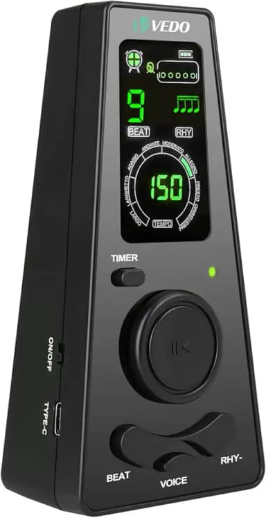 Metrônomo digital VEDO com temporizador, contagem vocal em inglês, operação um toque e display colorido fácil leitura Metrônomo eletrônico com controle volume para piano, guitarra, bateria e violino