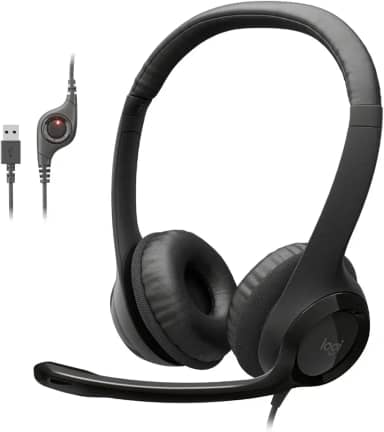 Headset com fio USB Logitech H390 com Almofadas Confortáveis, Controles de Áudio Integrado e Microfone com Redução de Ruído - Preto