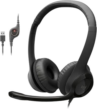 Headset com fio USB Logitech H390 com Almofadas Confortáveis, Controles de Áudio Integrado e Microfone com Redução de Ruído - Preto