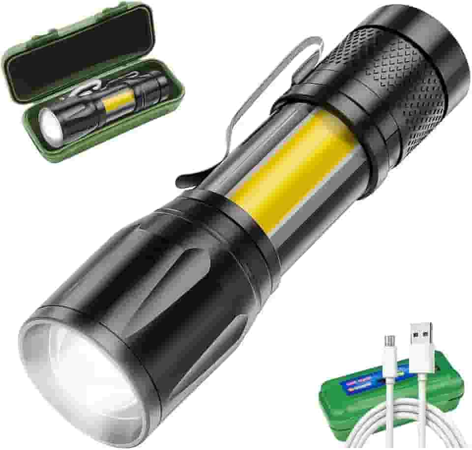 Mini Lanterna Tática Recarregável LED Alta Potência – Mini, Portátil, com Luz Frontal e Lateral COB, 3 Modos de Iluminação – Ideal para Camping, Emergência, Pesca e Segurança
