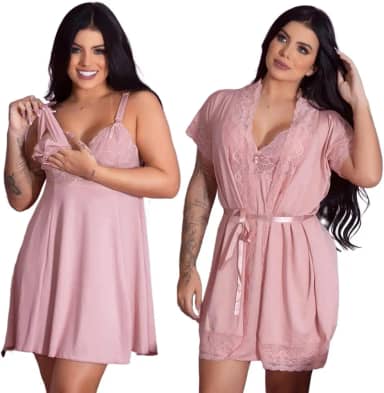Kit Robe Roupão e Camisola Amamentação Pós-Parto com Renda, Moda Maternidade para Gestante, Prático e Confortável, Ideal para Mães que Amamentam e Saída de Maternidade
