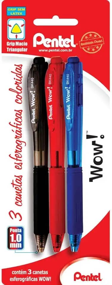 Kit com 3 Contagem (Pacote de 1) Canetas Esferográficas, Pentel, Preta/ Vermelha/ Azul Wow!