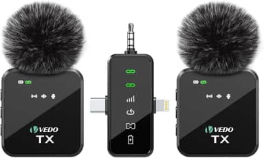 VEDO Microfone de lapela sem fio 3 em 1 para iPhone/Android/Câmera, Microfone Transmissão de 25m, Bateria com duração de 18 horas, Mini microfone para gravação de entrevistas e vlogs