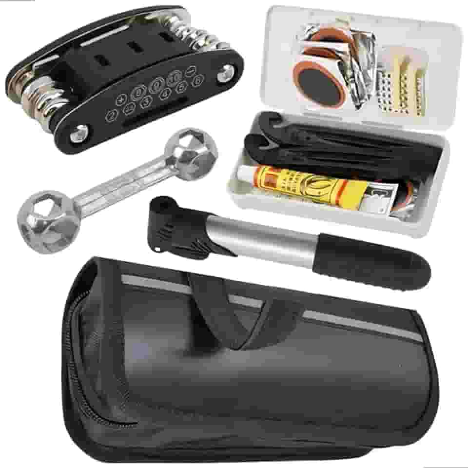 Kit Reparo Bike – Ferramentas Multifunção + Chaves + Remendo de Pneu + Cola + Mini Bomba, Conjunto de Manutenção para Bicicleta
