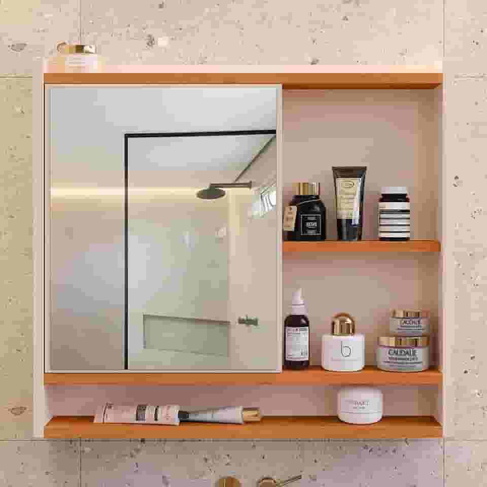 Espelheira Para Banheiro Lavabo com Espelho com Nicho e 1 Porta Aqua (OFF WHITE/AMADEIRADO)