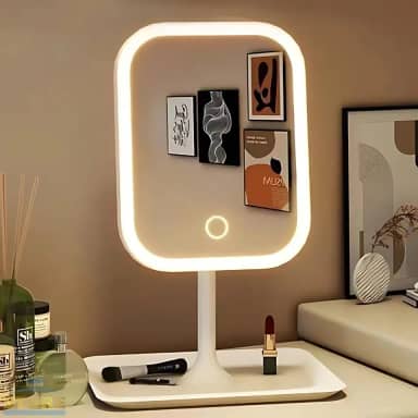 Espelho de Mesa para Maquiagem Recarregável com Luzes LED em 3 Cores Ajustáveis com Botão Touch Screen e Base Porta Objetos Jóias