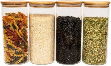 Oikos - Kit 4 Potes de Vidro 1,65L com Tampa Bambu Herméticos Redondos