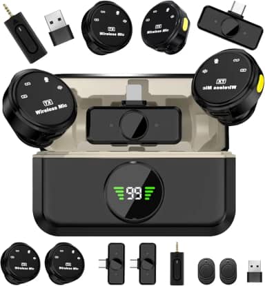 microfone de lapela sem fio de nível profissional, Microfone sem fio lapela(2TX+3RX), Três níveis de redução de ruído, Amplamente compatível com dispositivos de interface Tipo C e Lightning