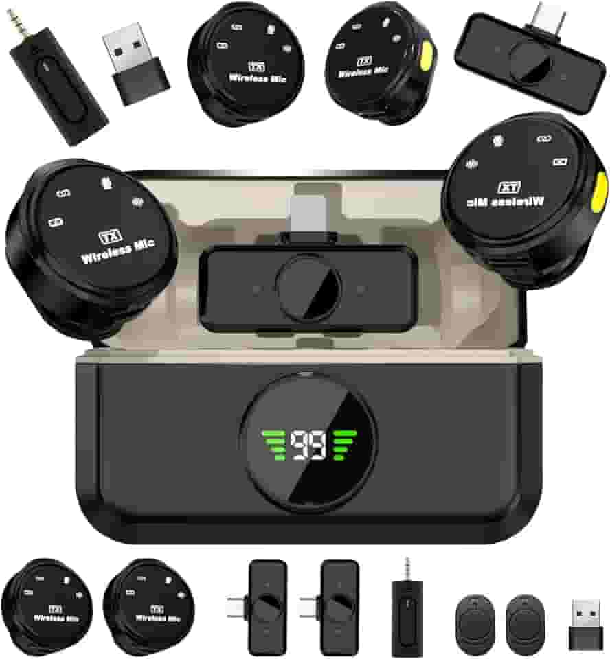 microfone de lapela sem fio de nível profissional, Microfone sem fio lapela(2TX+3RX), Três níveis de redução de ruído, Amplamente compatível com dispositivos de interface Tipo C e Lightning