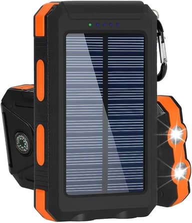 Power Bank Solar Portátil, 10000mAh, Preto, Carregamento Rápido, Bateria Solar com LED, USB Duplo, Resistente à Água IP4, para Smartphones e Dispositivos USB (Laranja)