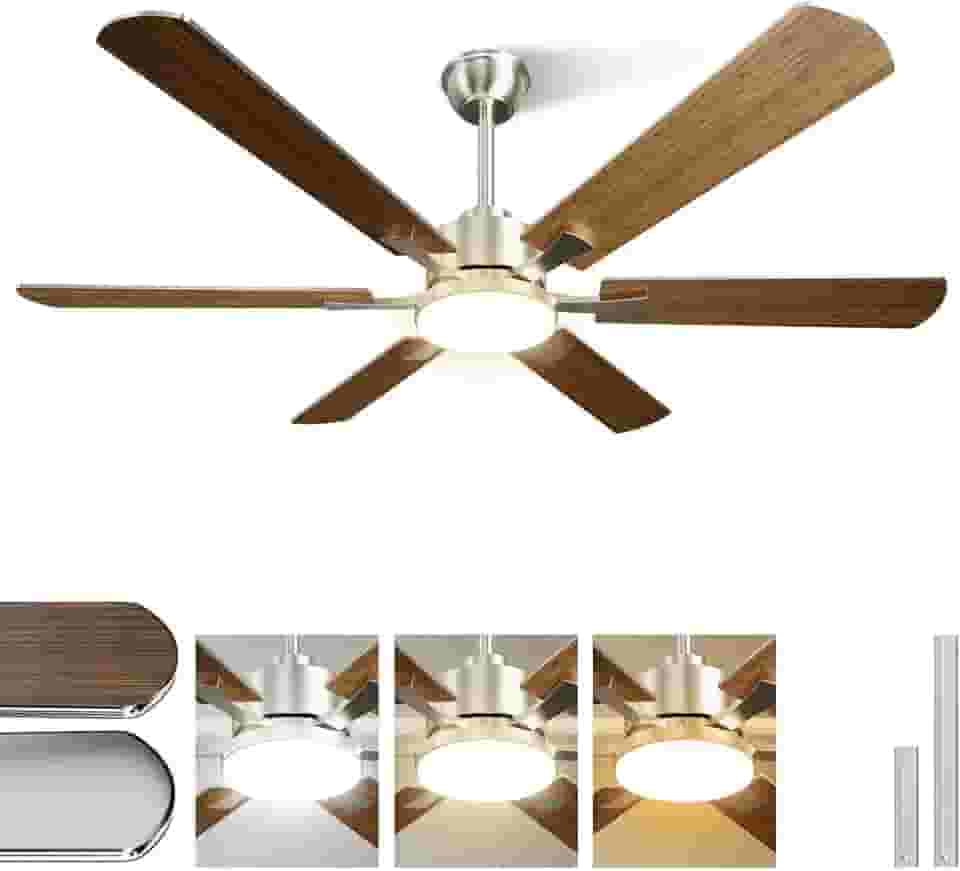 Ventilador de Teto Silencioso com Controle Remoto, 52 polegadas, LED 24W 3 Cores, Motor BLDC 6 Velocidades e Função Reversa, 110V/220V, Design Moderno para Sala e Quarto
