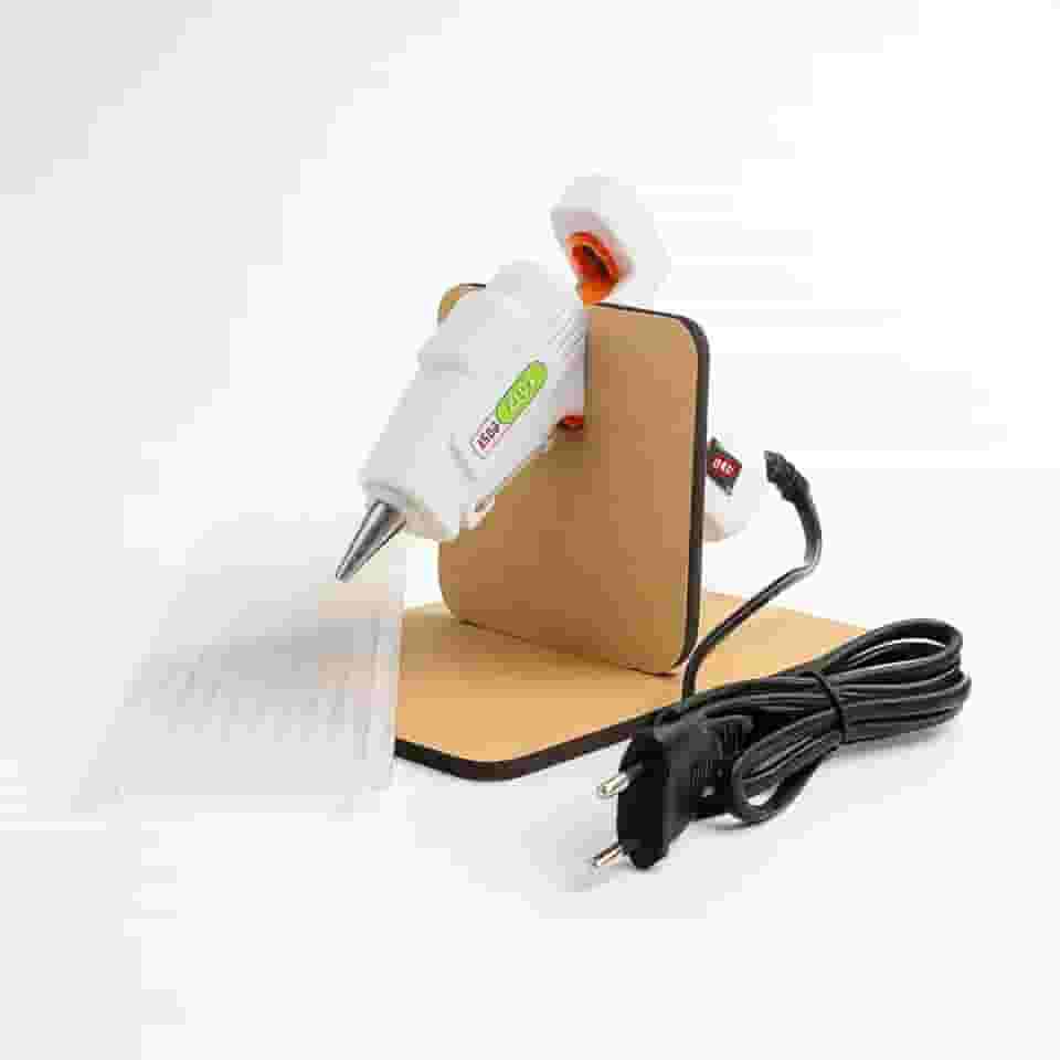 Pistola de Cola Quente Branca 20W Bivolt com Bico Fino e Botão Liga/Desliga + Suporte MDF e 10 Bastões Finos 7mm × 30cm – Artesanato e DIY