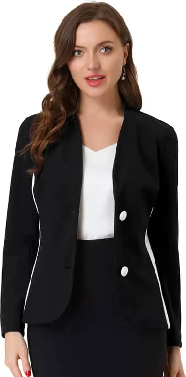 Blazer feminino para escritório, cor contrastante, manga comprida, sem colarinho, para trabalho