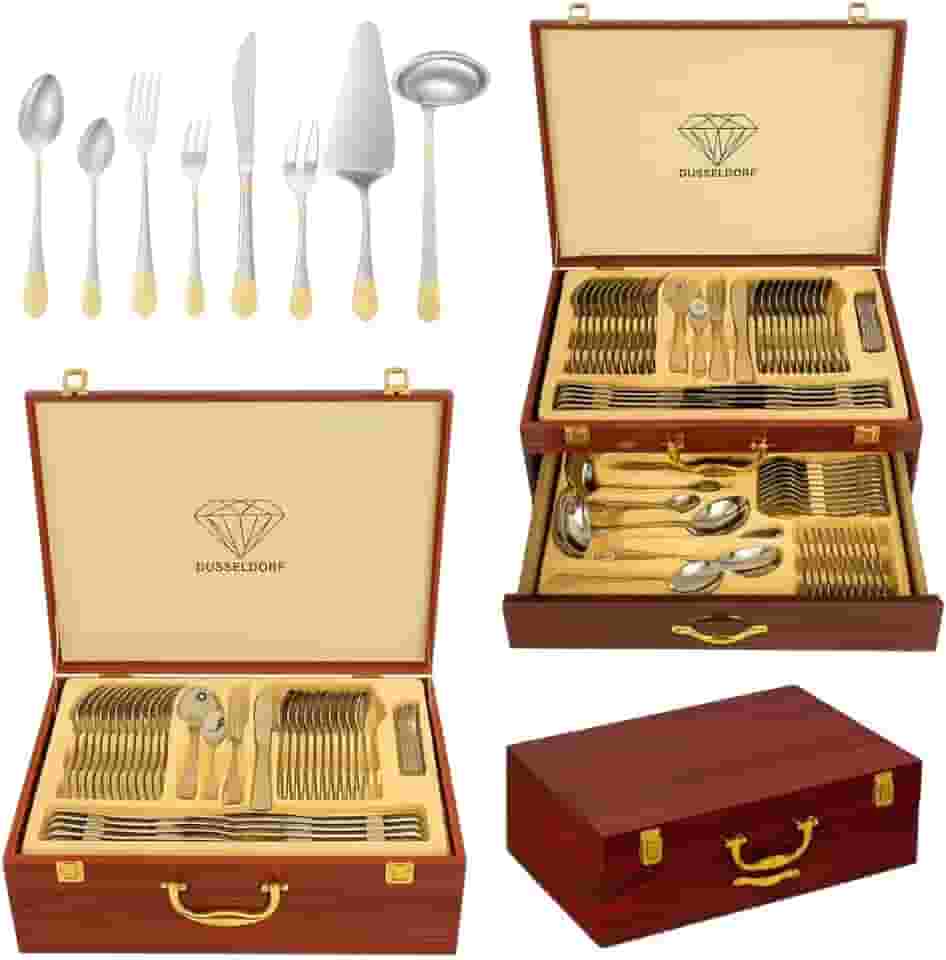 Faqueiro 84 Pçs Talheres Banhados A Ouro Maleta Madeira-Luxo Prata E Dourado Jogo De Facas