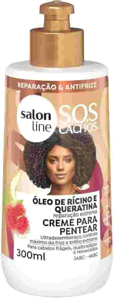 Salon Line, Creme de Pentear, SOS Cachos, Rícino e Queratina, Não Vegano - Para Cabelos Cacheados e Crespos, 300 ml