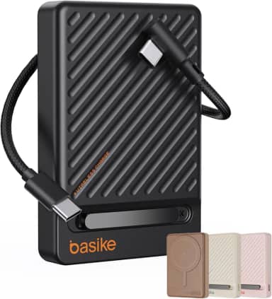 Basike, Power Bank Indução10000 mAh, Carregador Portatil Indução, Carregamento Rápido Máximo de 22,5W, Cabo USB-C Removível e Suporte Ajustável, para iPhone Série 16/15/14/13/12, AirPods (Preto)