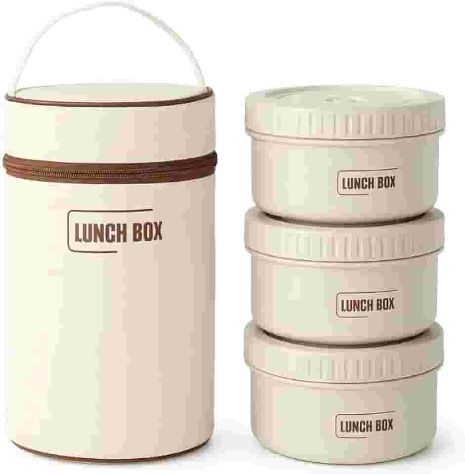 Jogo de Bolsa Termica Com 3 Potes de Inox Conjunto de Potes Empilháveis para Almoço 3 Compartimentos Branco Resistente ao Microondas Premium
