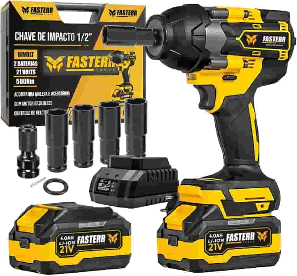 Chave de Impacto Digital 21V 500Nm Brushless Fasterr FST008 com 2 Baterias 4.0Ah + Maleta Profissional