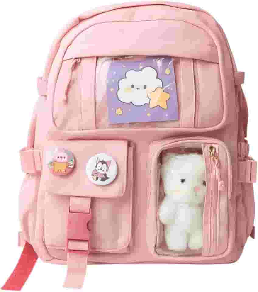 Mochila escolar Infantil e juvenil, Bolso Frontal, Alças Acolchoadas, grande capacidade, ursinho e broches, ideal para crianças de 6 a 13 anos
