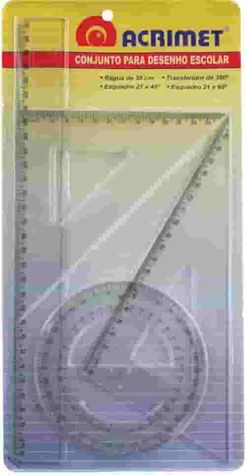 Conjunto para Desenho, Acrimet, 562.0, Régua de 30cm + Transferidor 360° + Esquadro Isósceles 45° de 21cm + Esquadro Escaleno 60° de 21cm, Multicor
