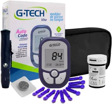 Kit Medidor de Glicose G-Tech Vita Com 10 Tiras + 10 Lancetas E Caneta Lancetadora - Glicosímetro Glicemia