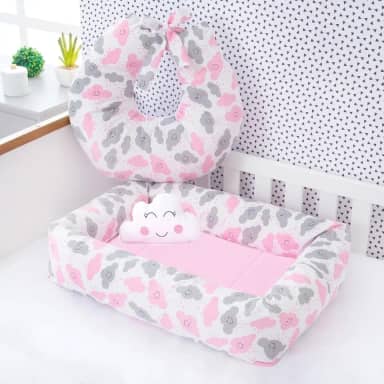 Ninho Redutor de Berço Quadrado com Almofada Nuvem, 70 x 45 cm, Algodão + Almofada para Amamentação, 58 x 55 cm (Nuvem Rosa)