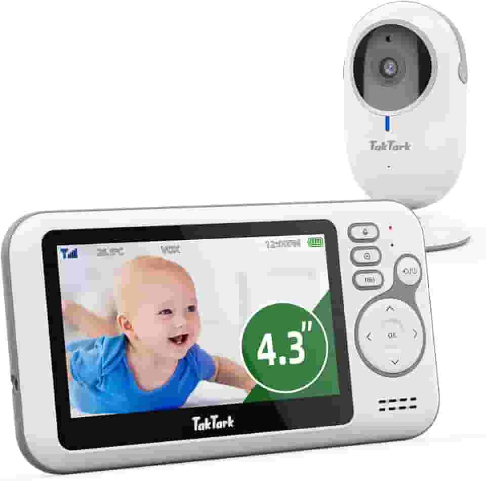TakTark Babá Eletrônica Câmera, 4.3' Monitor de Bebe, Sem Wi-Fi, 2 Way Audio, Visão Nocturna, Zoom Digital, Economia de energia VOX, Temperatura ambiente, Ideal para Pais Novos