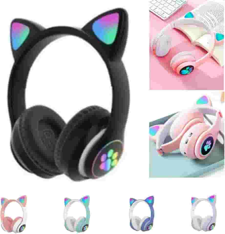 Fone De Ouvido Com Led Infantil Orelhinha Gato MUSICA SEM FIO COLORIDO GATINHO Bluetooth (PRETO)