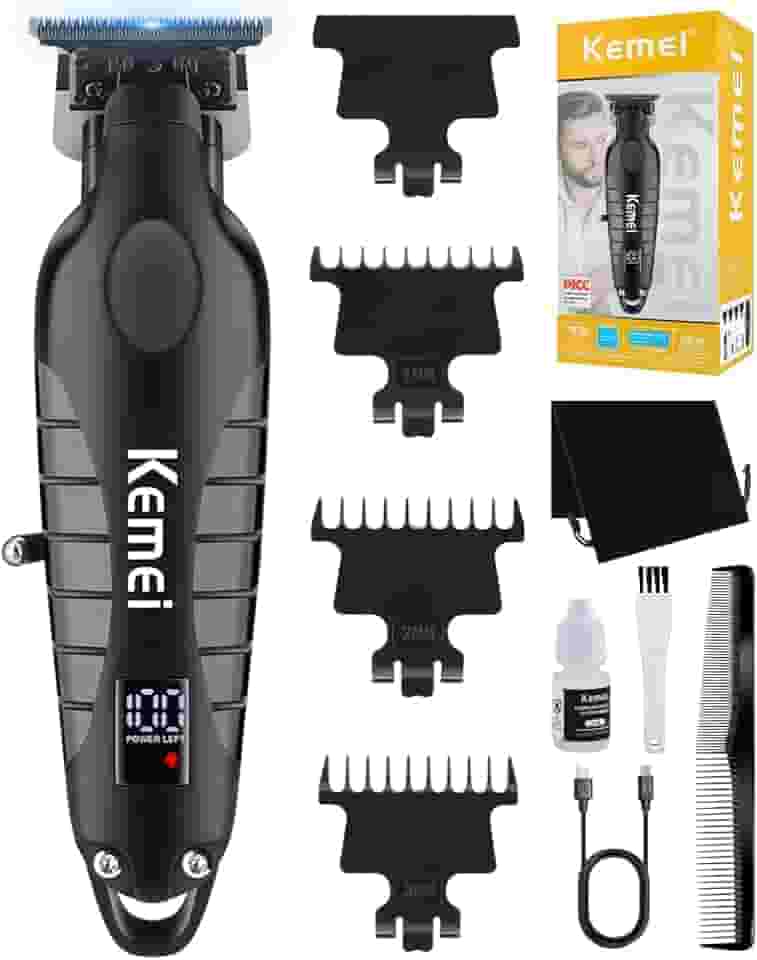 KEMEI Aparador de cabelo profissional sem fio para homens, aparador de barba elétrico, kit de cortes de cabelo de barbeiro, aparadores de lâmina em T com abertura zero com visor LCD, KM-2293, preto