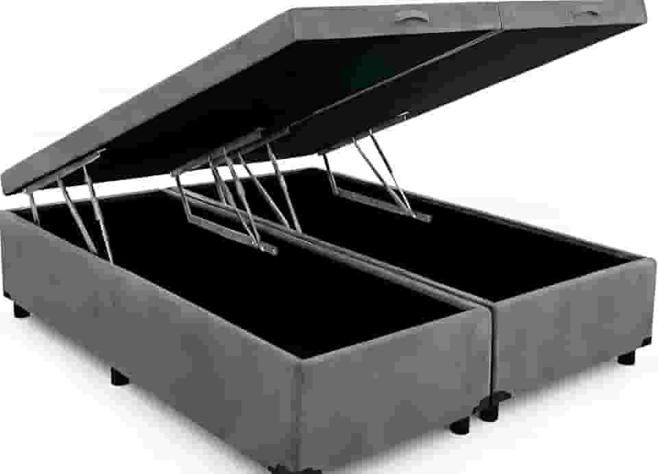 Cama Box Baú King Bipartida, 203x193x42 cm, Suporta 200kg por Lado, com Pistão a Gás (Suede Cinza)