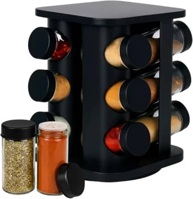 Porta Temperos Giratório com 12 Frascos Vidro Premium Base 360º Tampa com 3 Tipos de Dosagem