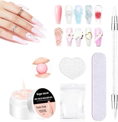 Kit de gel sólido para unhas 15 g – Gel construtor sólido 4 em 1 para extensão de unhas e arte, efeitos de pó espelhado, design de molde fácil (NUDE)