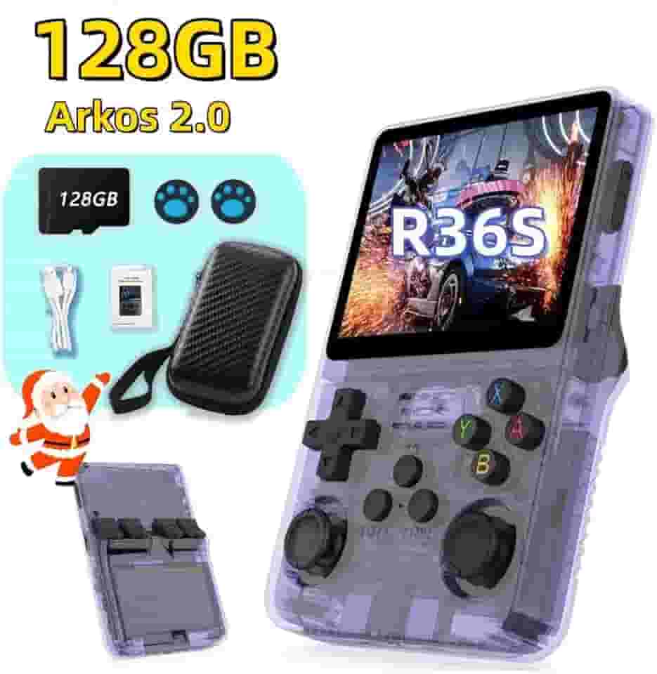 Console de jogos portátil retrô R36S, memória de 128 GB, sistema Arkos 2.0, 1 GB de RAM, console de jogos integrado com mais de 39.000 jogos, brinquedo de descompressão portátil para adultos, adequado para vários emuladores, como N64/PSP/PS/GBA, cor: roxo