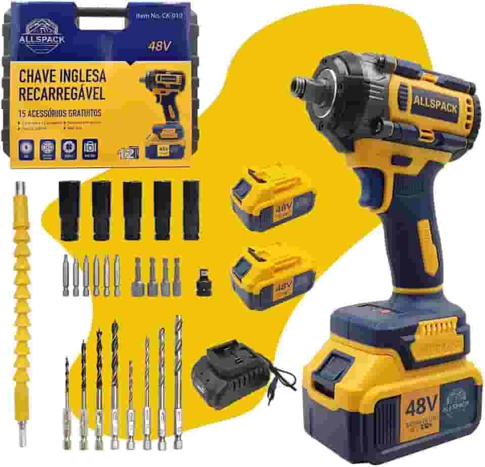 Chave De Impacto Parafusadeira Profissional 48v 500n.m Sem Fio 2 Bateris Bivolt E Acessórios