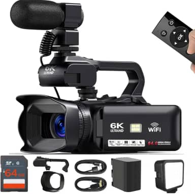 Acuvar Câmera de vídeo HD 6K, filmadora de 64 MP 60 FPS, 6 K, com microfone, WiFi, luz LED, cartão SD de 64 GB, bateria, webcam de transmissão ao vivo, câmera de vídeo do YouTube para criadores de