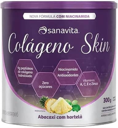 Sanavita Colágeno Skin - Pele Saudável - Abacaxi com Hortelã - Lata 300g