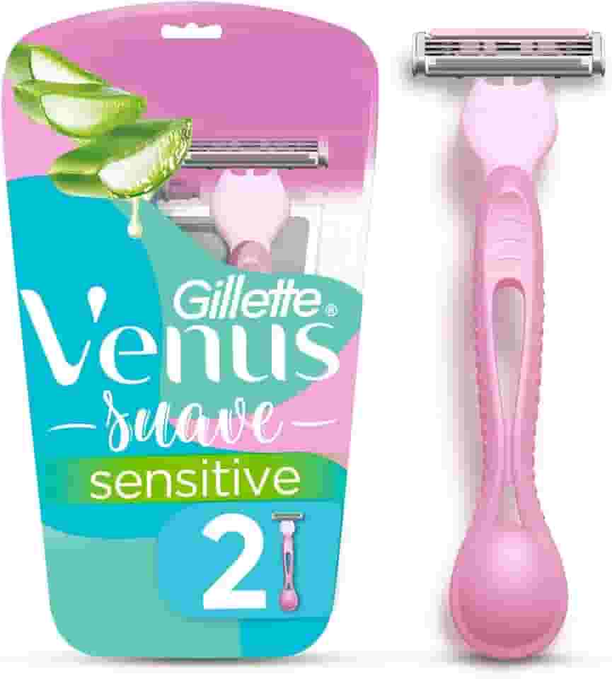 GILLETTE Venus Suave Sensitive, Aparelho de Depilação Feminino, 2 Aparelhos Descartáveis com Skin Elixir, Depilação Corporal para Pele Sensível