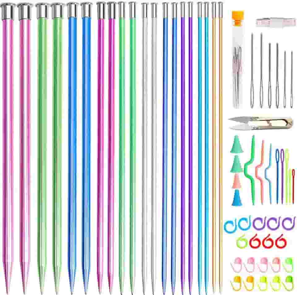 tchrules Conjunto de 64 agulhas de tricô, 20 peças, conjunto de agulhas de tricô de alumínio, coloridas, retas e pontiagudas, tamanho 3-10 mm, 34,8 cm, para tricô feito à mão com acessórios de tricô