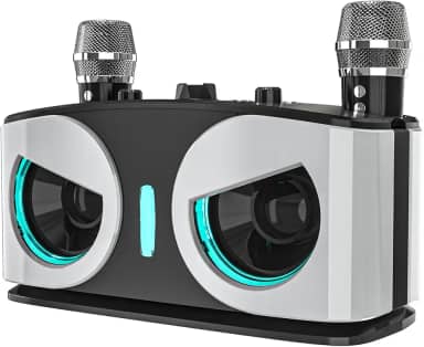 Sistema de karaokê portátil Owl - microfones duplos sem fio, ferramentas de canto via aplicativo, cancelamento de voz, eco/reverberação, bateria de 2400 mAh, reprodução USB/TF, luzes de palco LED