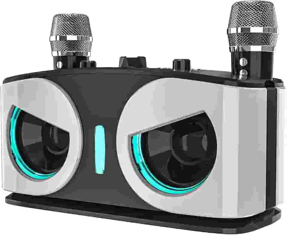 Sistema de karaokê portátil Owl - microfones duplos sem fio, ferramentas de canto via aplicativo, cancelamento de voz, eco/reverberação, bateria de 2400 mAh, reprodução USB/TF, luzes de palco LED