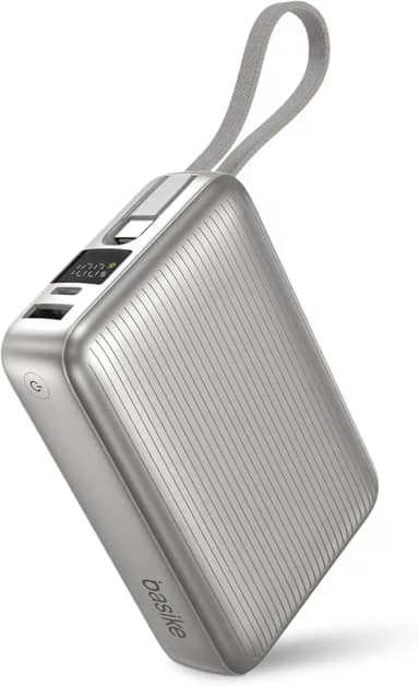 Basike Power Bank, Carregador Portátil 20000mAh 45W, 3-Saídas com Cabo USB-C Integrado, Bateria Externa de Carregamento Rápido PPS/PD/QC para iPhone Séries 16/15/14/13, Samsung S25/24/23/22/21 (Prata)
