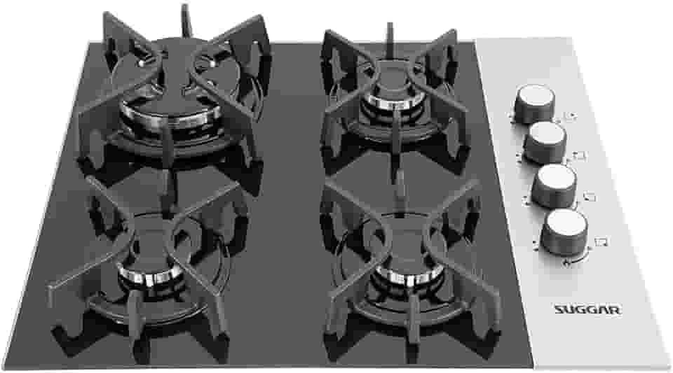 SUGGAR COOKTOP VIDRO PRETO E INOX A GÁS 4 QUEIMADORES ESMALTADOS DIFERENTES TAMANHOS TREMPES FERRO FUNDIDO FG4404FVPIX
