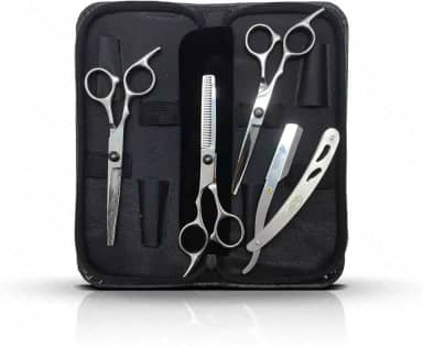 Kit Tesouras Profissionais para Barbeiro 5 Peças – Tesoura de Corte, Desfiadeira, Navalhete e Estojo – Aço Inoxidável para Corte de Cabelo e Barba Inox