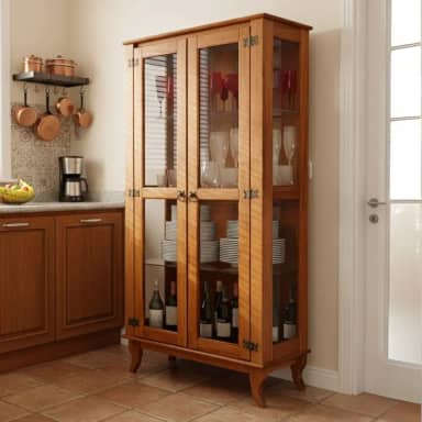 Cristaleira em madeira maciça com portas de vidro e prateleiras reforçadas, estilo colonial, perfeita para sala de jantar ou decoração sofisticada (Castanho)