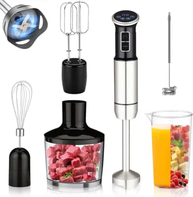 6 em 1 mixer de mão, 1000W, 8 velocidades, Exibição digital LCD, Vem com um copo de 860 ml, Triturador de 500 ml, Batedor de aço inoxidável com 4 pás, Adequado para sopas, smoothies e purés(127V)