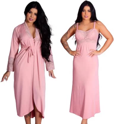 Kit Gestante Maternidade, Roupão e Camisola Longos com Recorte Lateral para Amamentação, Ideal para Enxoval