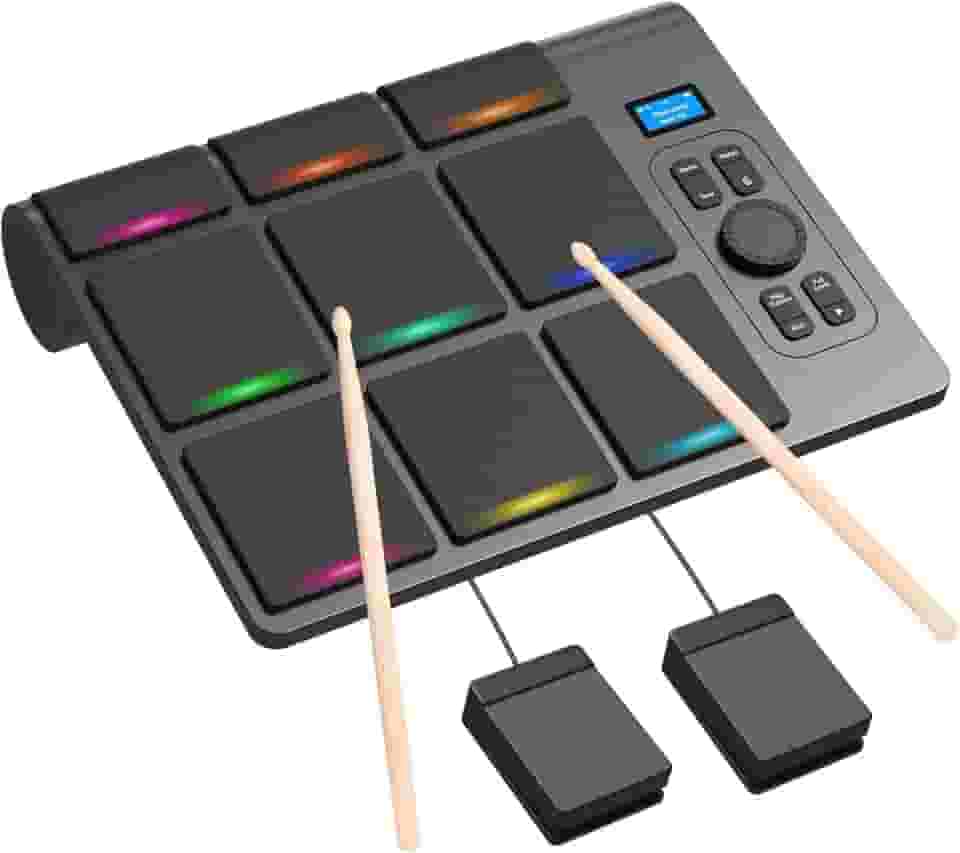 VEDO Bateria eletrônica de mesa com 9 pads, bateria eletrônica portátil com sensor de velocidade, iluminação LED nos pads, compatibilidade com MIDI para Mac e PC, presente