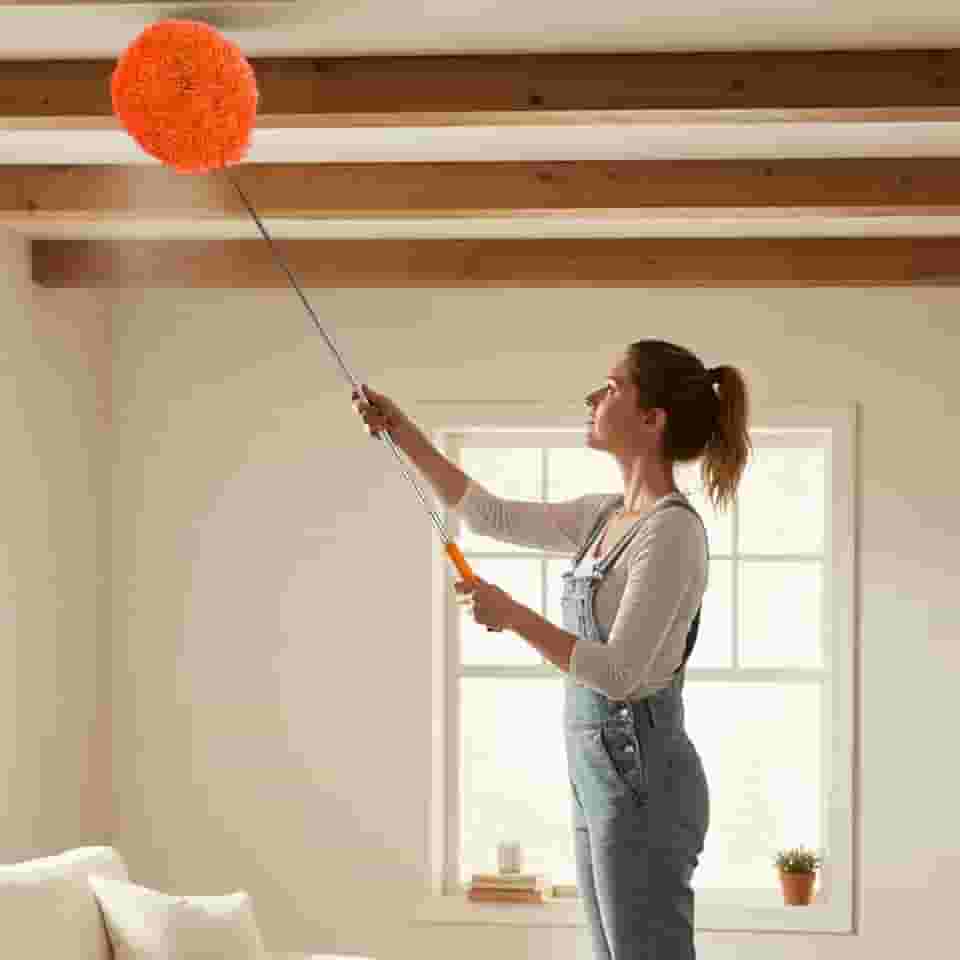 Espanador de penas extensível removedor de poeira telescópico para móveis de carro de escritório doméstico ferramenta multiuso de limpeza de teto alto (laranja, cabeça redonda)